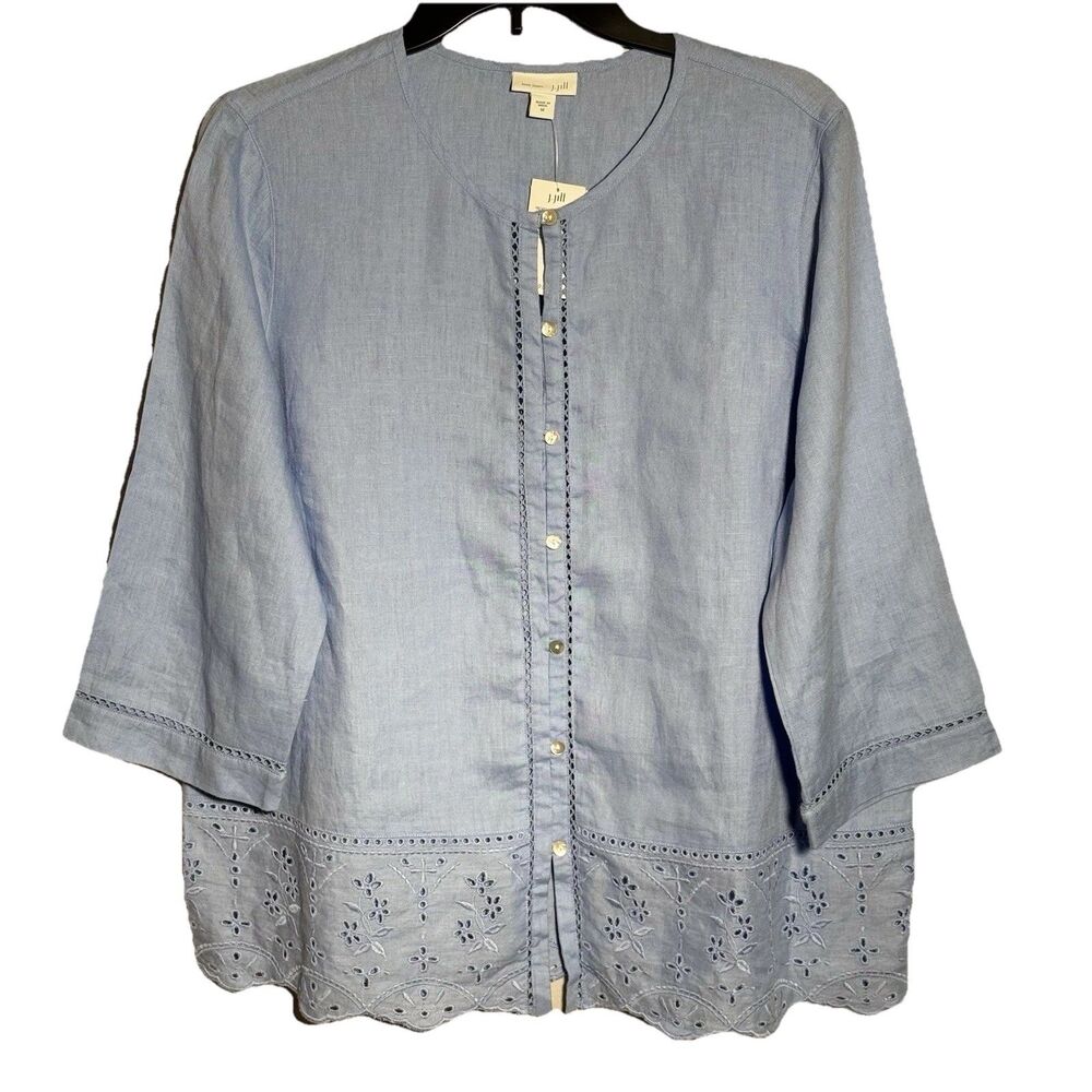 J Jill Love Linen Blue Eyelet Blouse Button Front 3/4 Sleeve Medium Coastal